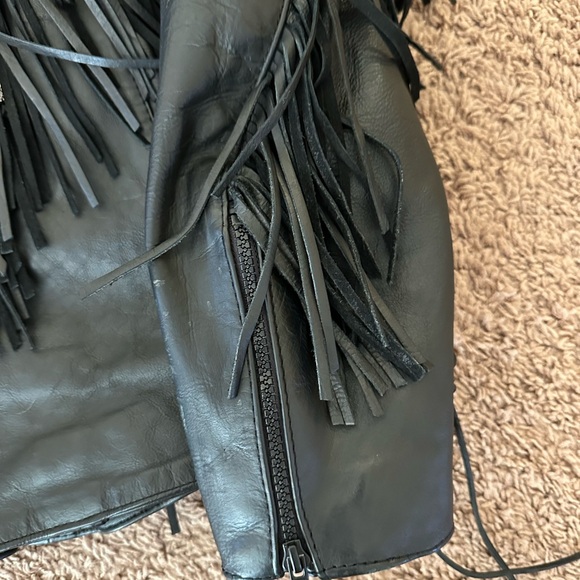 Women's Vintage 90's Leather Motorcycle Jacket w/ Fringe and Rose Inset | Size L - Picture 3 of 5